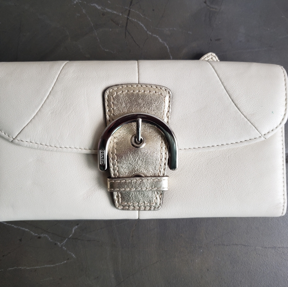 Coach Off White and Gold leather trifold wallet